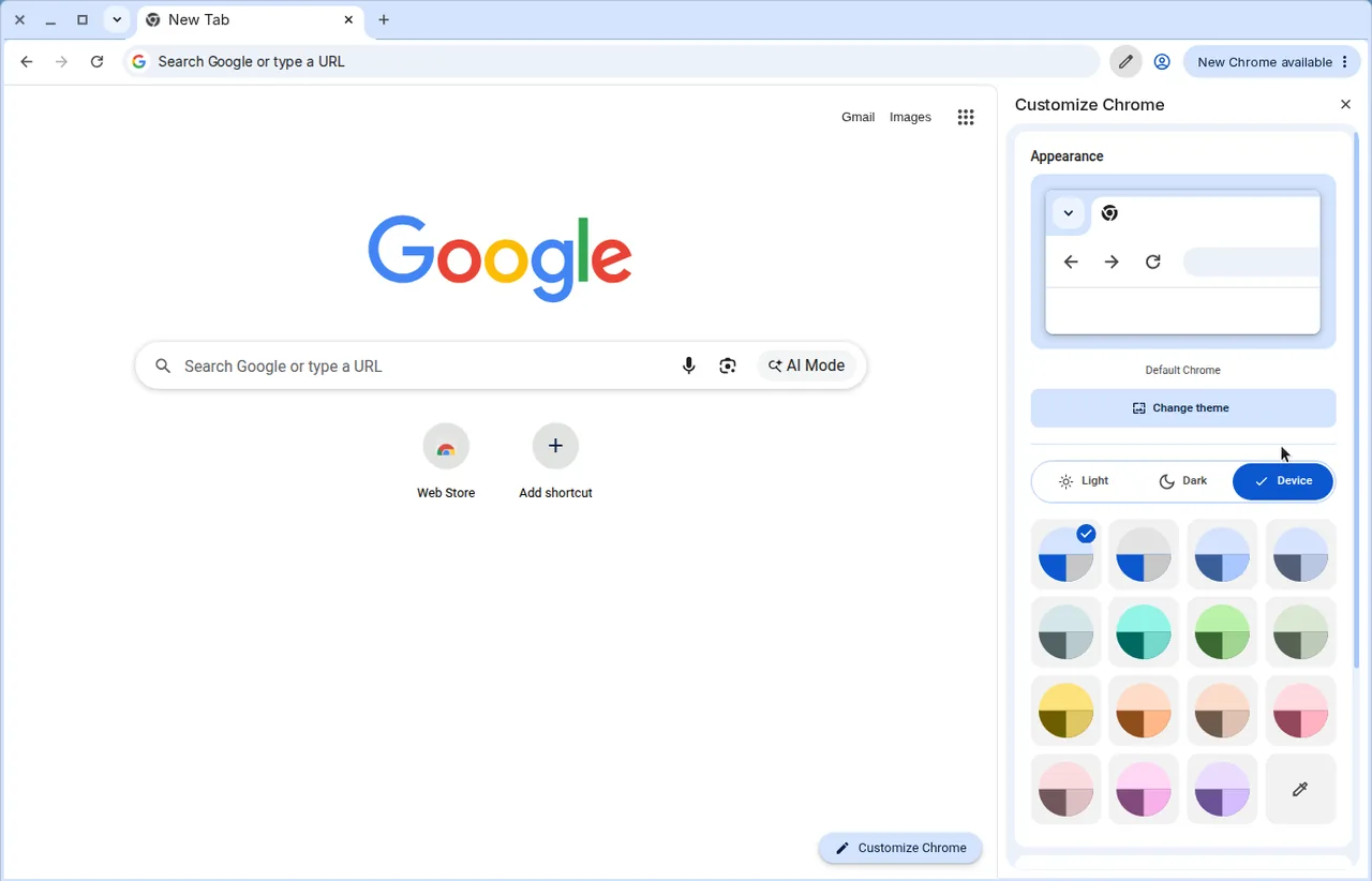 Chrome New Tab page with the Customize Chrome side panel open, showing Appearance, theme, and color options.