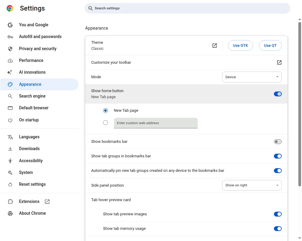 Chrome Settings Appearance page with Show home button turned on and New Tab page or custom web address options.