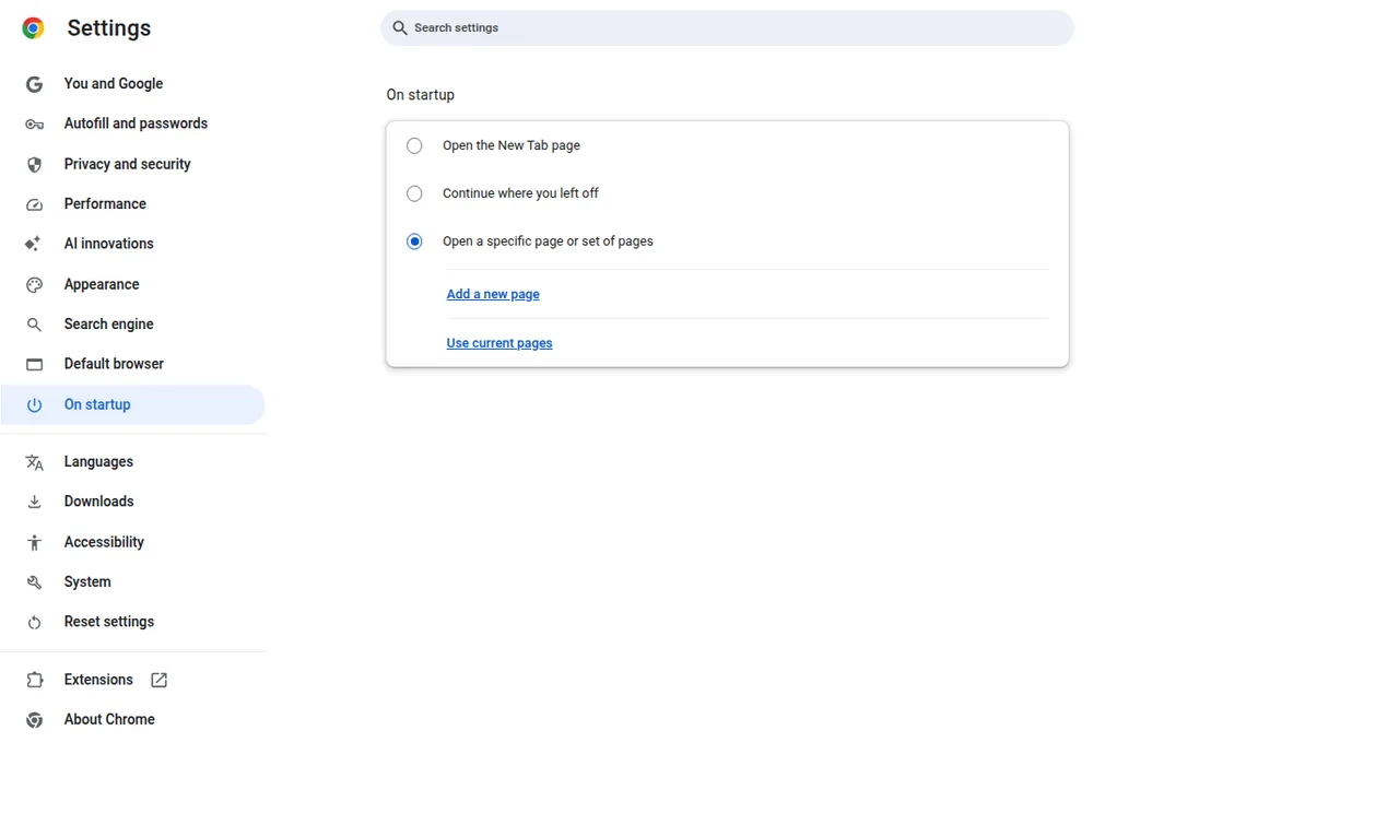 Chrome Settings On startup page with Open a specific page or set of pages selected, plus Add a new page.
