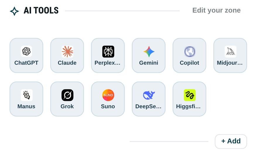 Dayblaster AI Tools zone showing the default shortcuts ChatGPT, Claude, Perplexity, Gemini, Copilot, Midjourney, Manus, Grok, Suno, DeepSeek, and Higgsfield