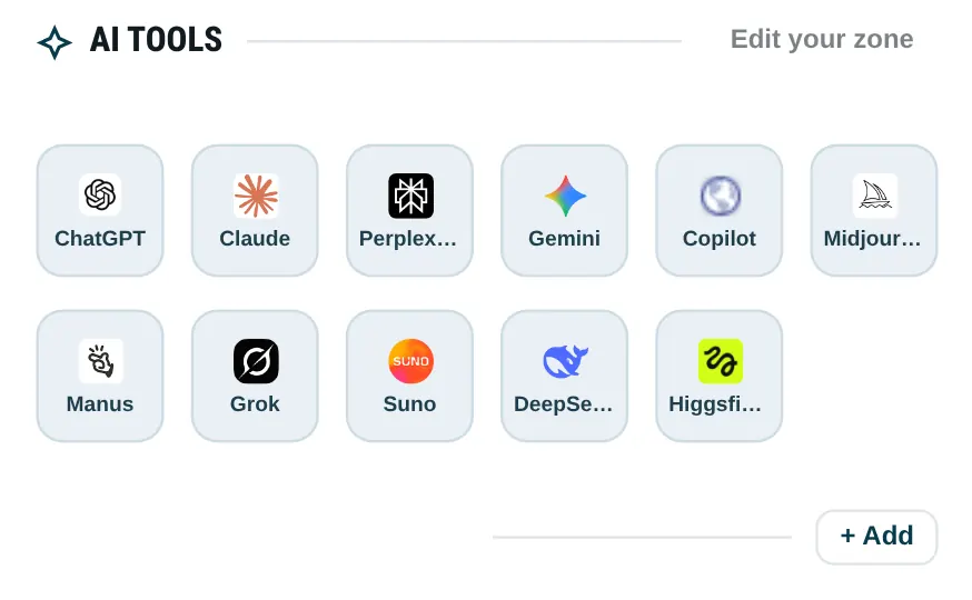 Dayblaster AI Tools shortcuts including ChatGPT, Claude, Perplexity, Gemini and others.