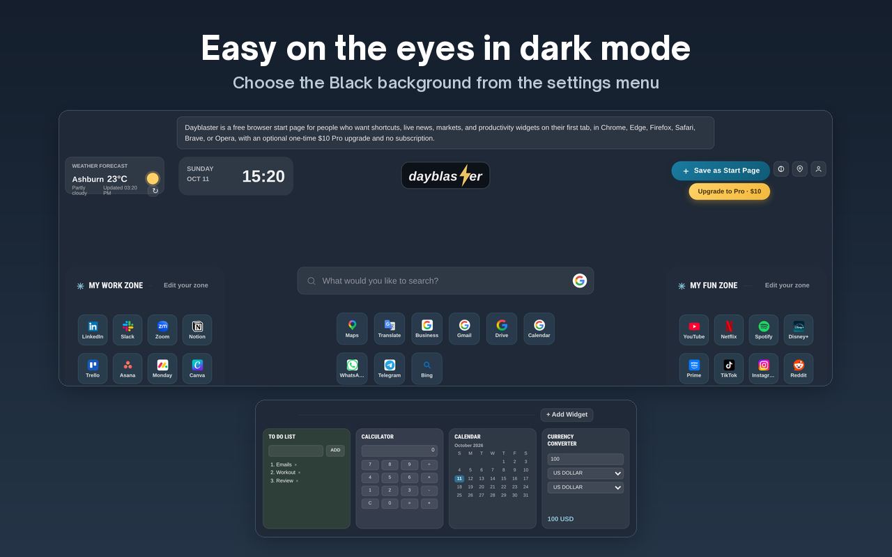 Dayblaster start page using the Black background, with shortcut zones, search, and widgets