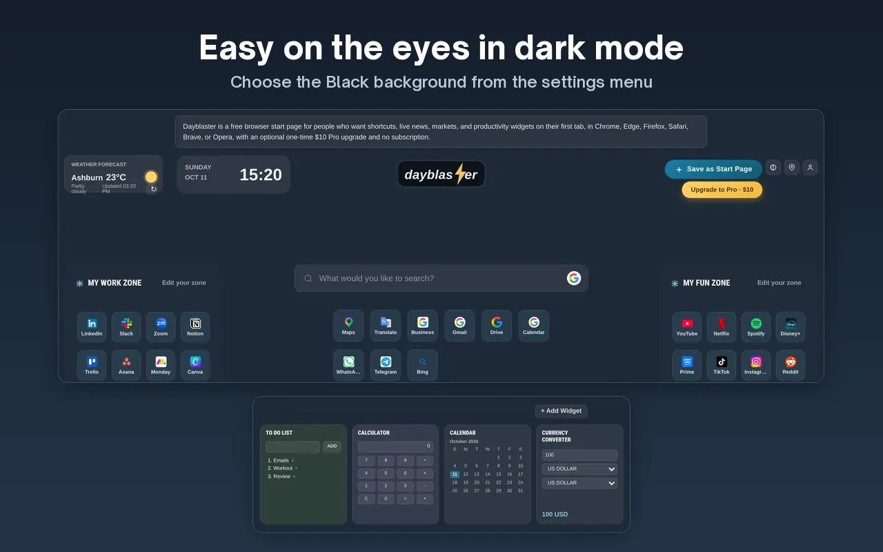 Dayblaster start page in dark mode with weather, clock, logo, search, work and fun shortcut zones, and a widget dock.