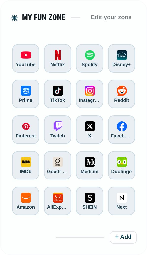 Dayblaster My Fun Zone showing default shortcuts such as YouTube, Netflix, Spotify, and Instagram