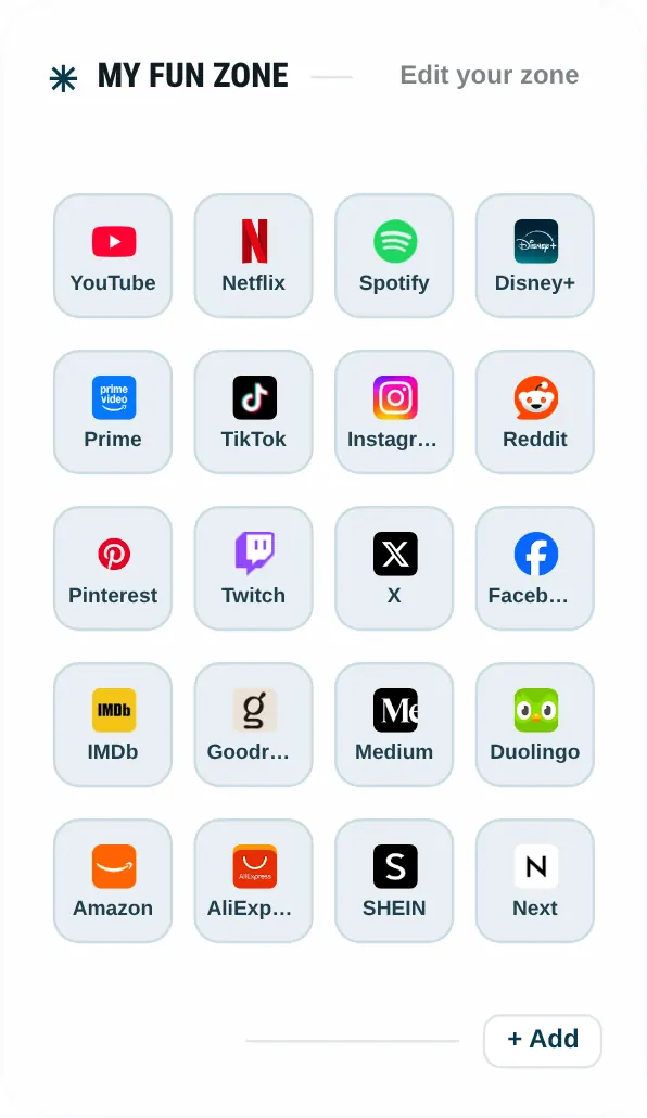 Dayblaster My Fun Zone shortcuts including YouTube, Netflix, Spotify, Disney+, Prime Video, TikTok, Instagram, Reddit and others.