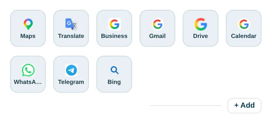 Dayblaster Google apps row showing Maps, Translate, Business, Gmail, Drive, Calendar, WhatsApp, Telegram and Bing, with an Add button.