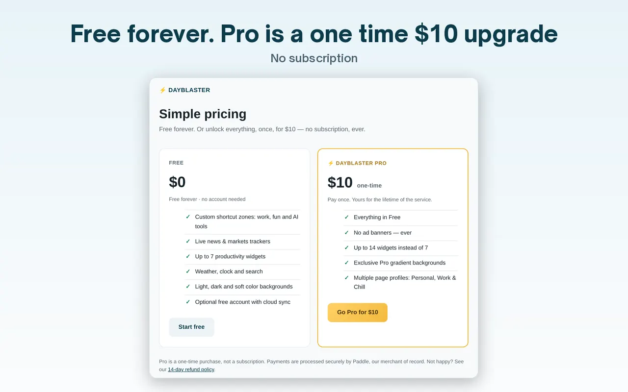 Dayblaster pricing card: Free at zero dollars and Pro at 10 dollars one time.