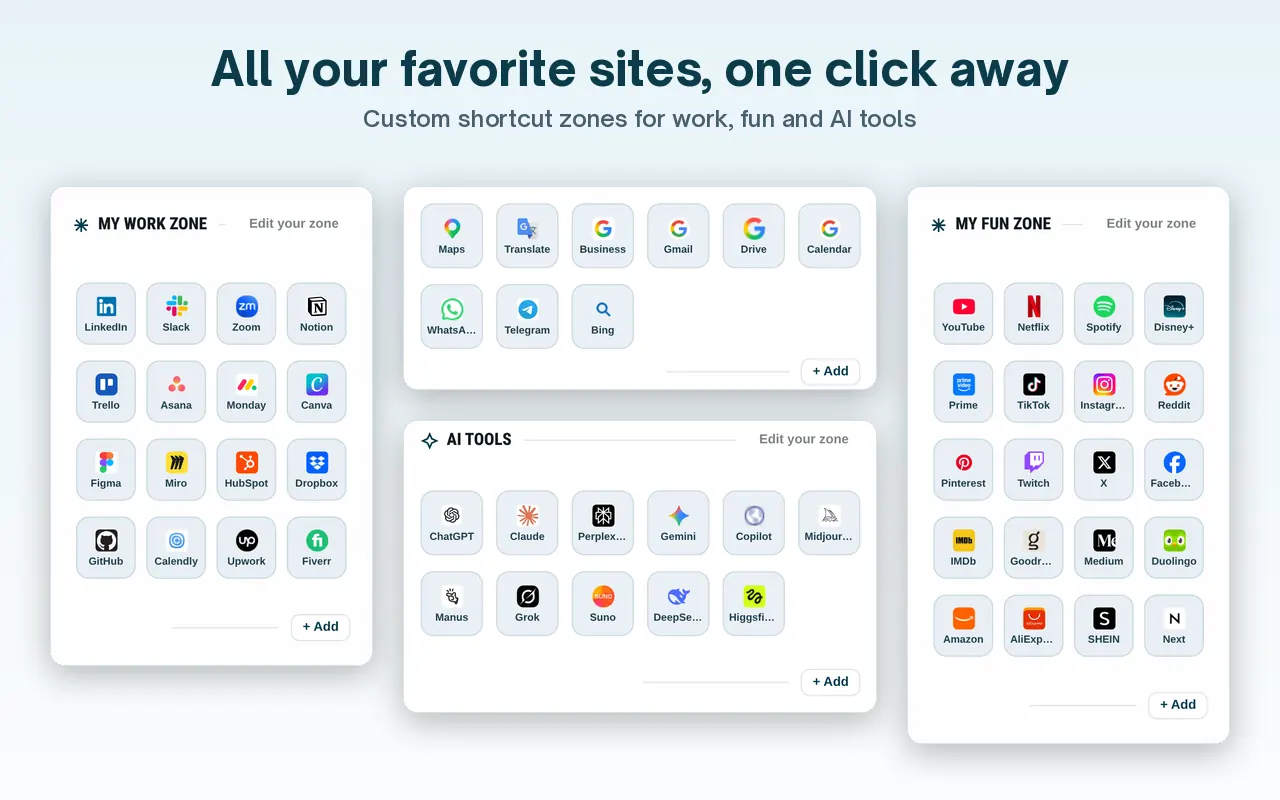 Dayblaster start page shortcut zones for work, Google apps, AI tools and fun.