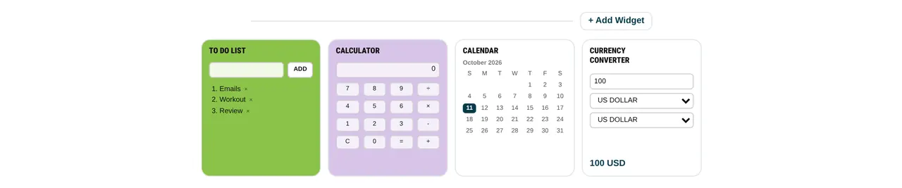 Dayblaster widget dock with a to-do list, calculator, October 2026 calendar and currency converter.