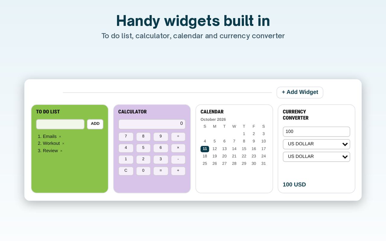 Dayblaster widgets showing a to-do list, calculator, October 2026 calendar, and currency converter