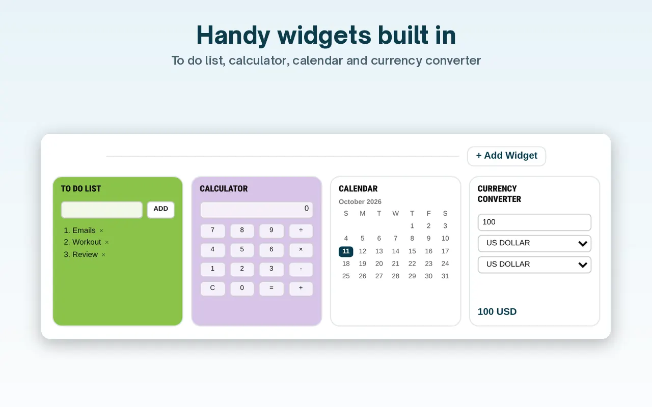 Dayblaster widgets: to-do list, calculator, October 2026 calendar, and a currency converter.