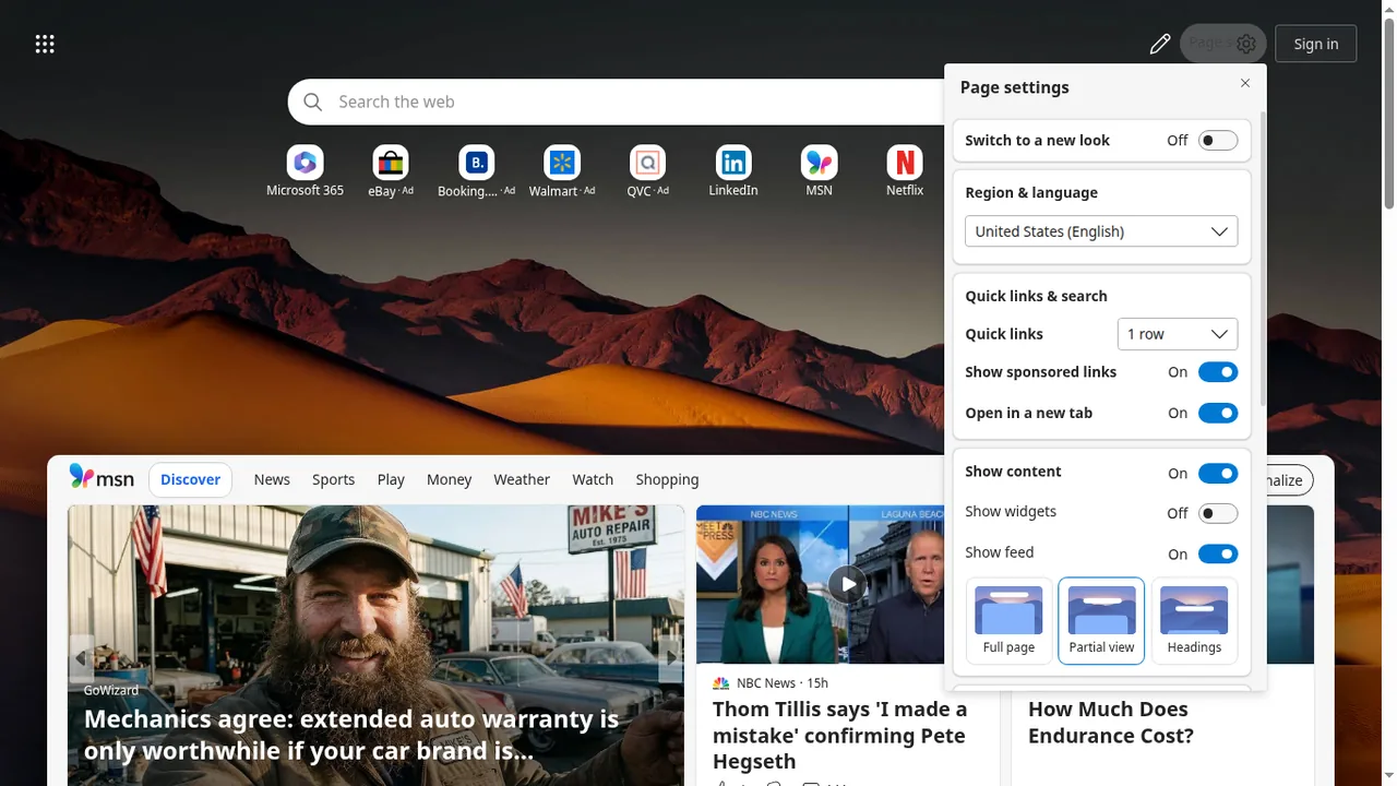Microsoft Edge new tab Page settings panel with layout, content, and feed controls.
