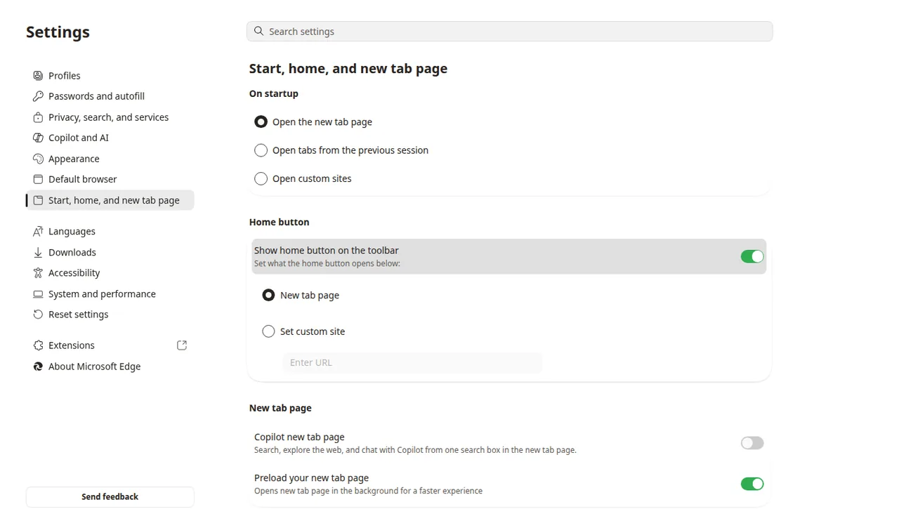 Microsoft Edge Settings Start, home, and new tab page with On startup, Home button, and New tab page options.