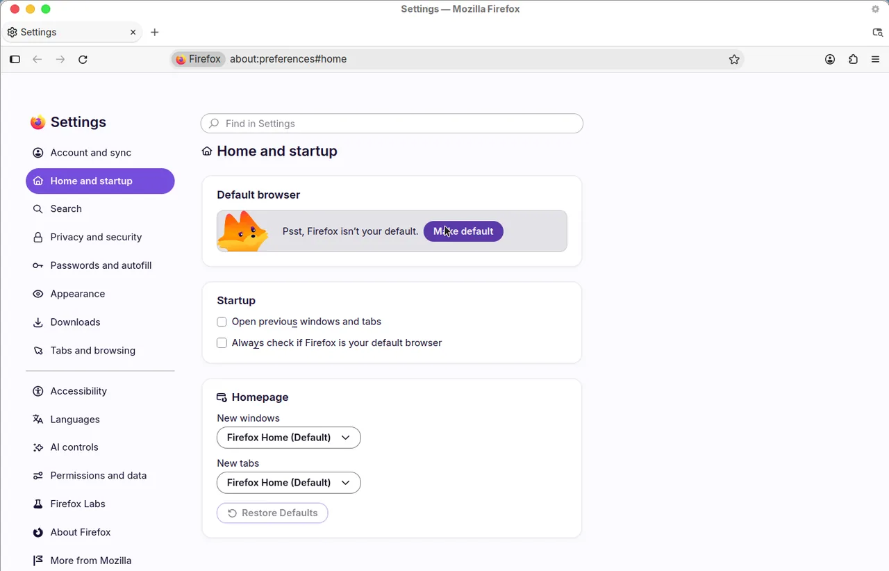 Firefox Settings Home and startup panel with Homepage New windows and New tabs menus set to Firefox Home.