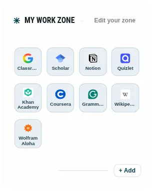 Dayblaster Student kit Work Zone with Classroom, Scholar, Notion, Quizlet, Khan Academy, Coursera, Grammarly, Wikipedia, and Wolfram Alpha.